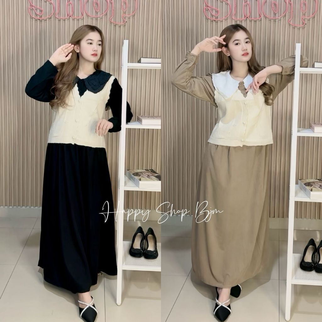 GAMIS MIDI DRESS 9015-5# KERAH RENDA BORDIR 2 IN 1 WITH VEST RAJUT BUNGA MUTIARA SOFT CODORAY SUPER 