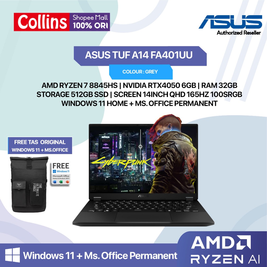 ASUS TUF A14 FA401UU RYZEN 7 8845HS RTX4050 6GB/ 32GB 512GB W11+OHS+O365 14.0QHD 165HZ 100SRGB GRY R
