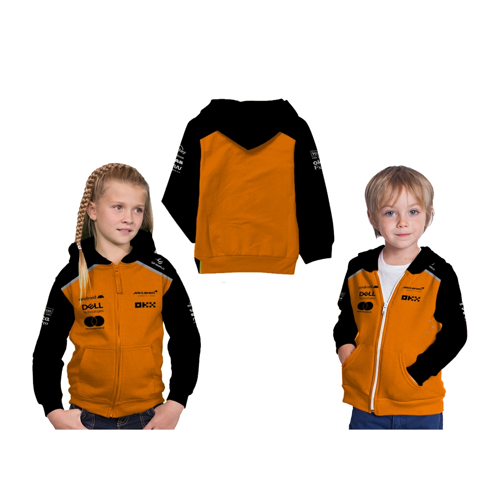 Jaket Hoodie Anak F1 Mclaren Hitam Orange 2025 Balap Mobil Formula Satu Custom Full Printing