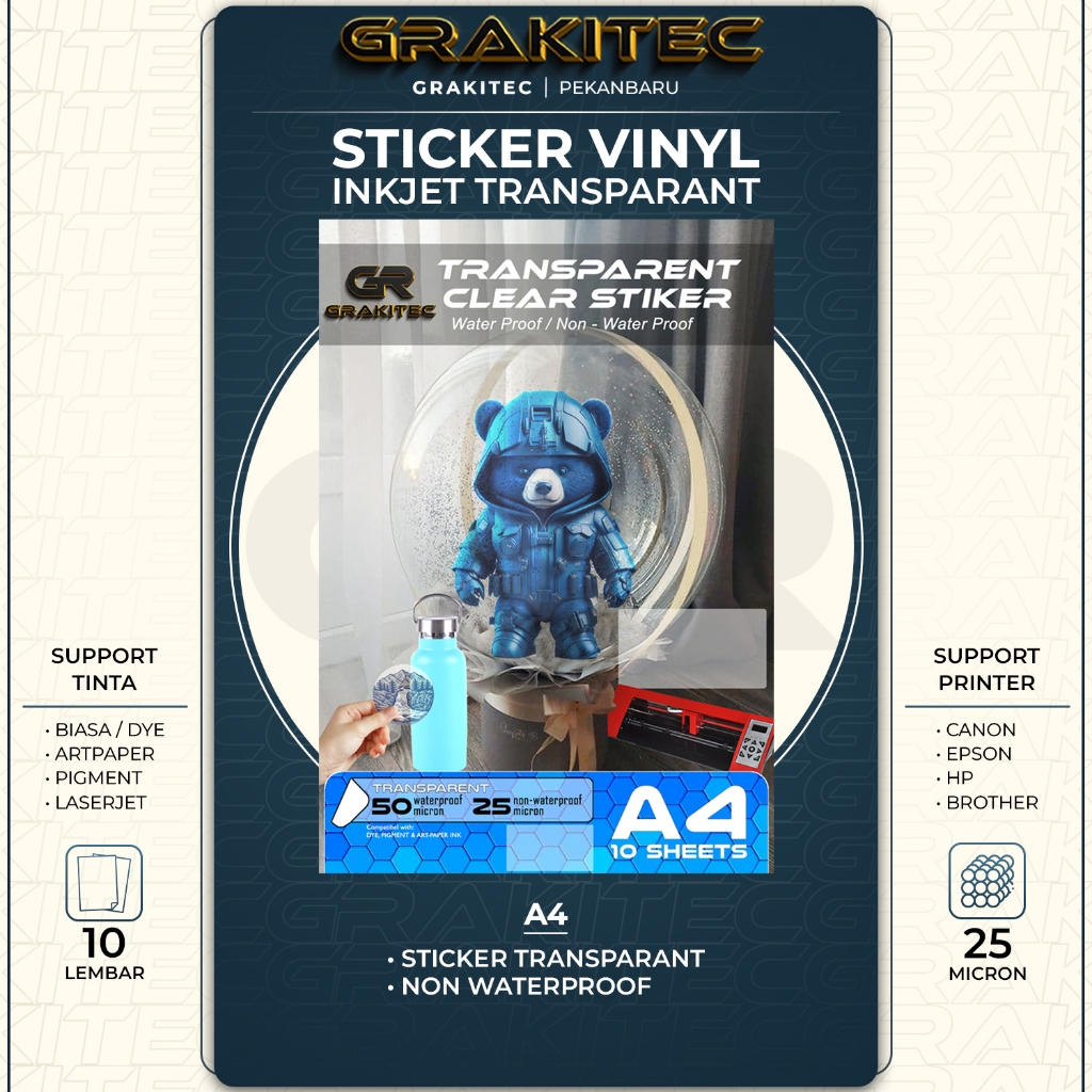 

Kertas Sticker Vinyl Transparan - Sticker Vinyl Transparant Waterproof / Non waterproof A4 isi 10 lembar Grakitec