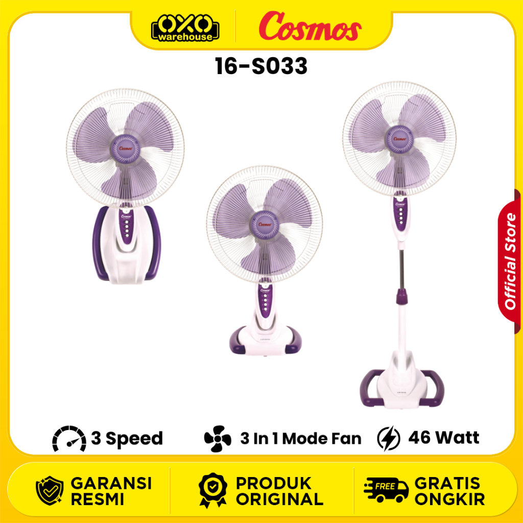 COSMOS Fan 16-S033 Kipas Angin Dinding, Meja & Berdiri Desk/Wall/Stand 3in1 Low Watt Garansi Resmi