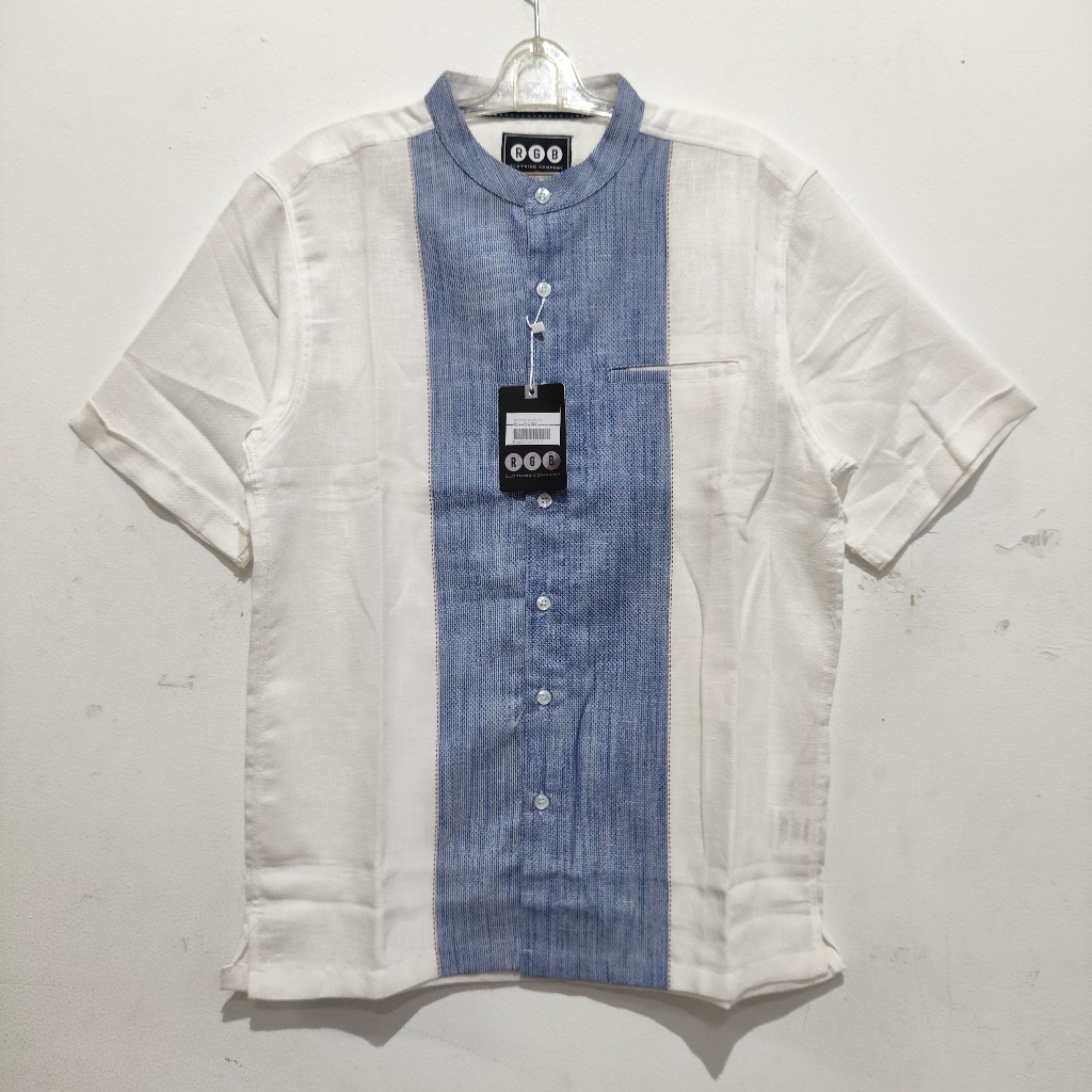 RGB Kemeja Casual Pria Putih Biru Garis Kerah Shanghai Lengan Pendek RHMP6701301