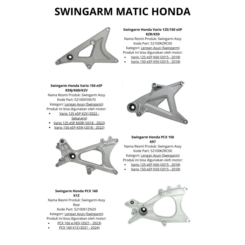 52100-KZR-C00 Swing Arm Assy Lengan Ayun Vario 125 Vario 150 eSP vario 125 lama vario 150 lama 125 l
