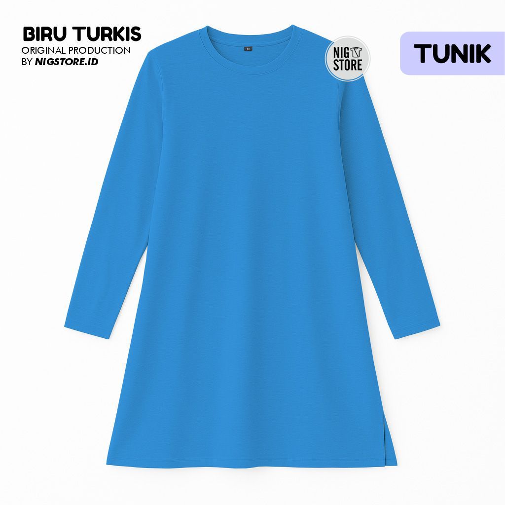 Nigstore - Kaos Tunik Polos Biru Turkis Lengan Panjang Cotton Combed 30s - Wanita Muslim