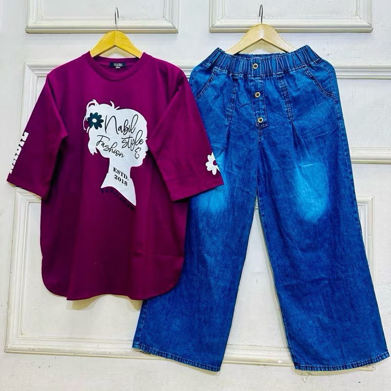 Setelan Jeans Wanita Dewasa Atasan Combed 20S Celana Kulot Jeans KK, Setelan Kulot Wanita Terpopuler