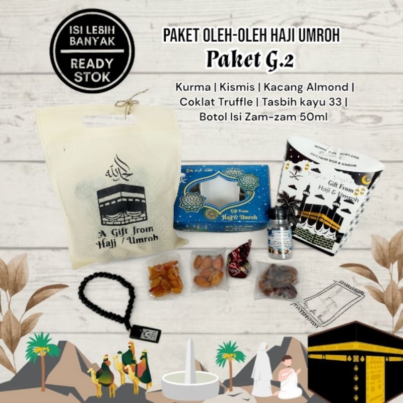 

Paket G.2 oleh-oleh haji umroh murah berkulitas kurma kismis kacang almond coklat tasbih kayu botol isi zam-zam
