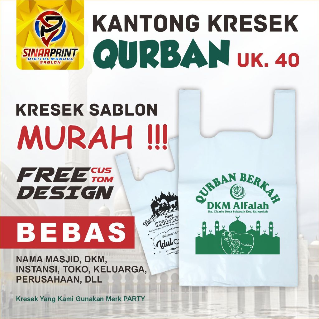 Kresek Sablon Kemasan TOKO / DAGANGAN / DAGING QURBAN Aqiqah Ukuran 40 Minimal Order 50 Pcs