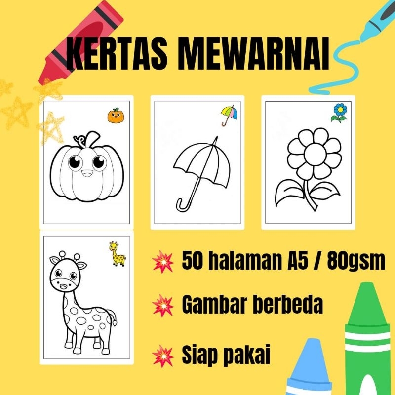 

Lembar Kertas Mewarnai 50 Lembar Pemula TK PAUD (A5/80gsm) Gambar Berbeda