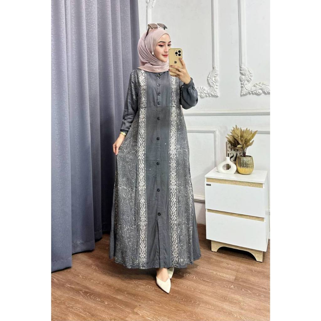 Gamis Rayon Twill Premium Bahan Adem Motif Syai Terbaru Busui Jumbo Model Kancing