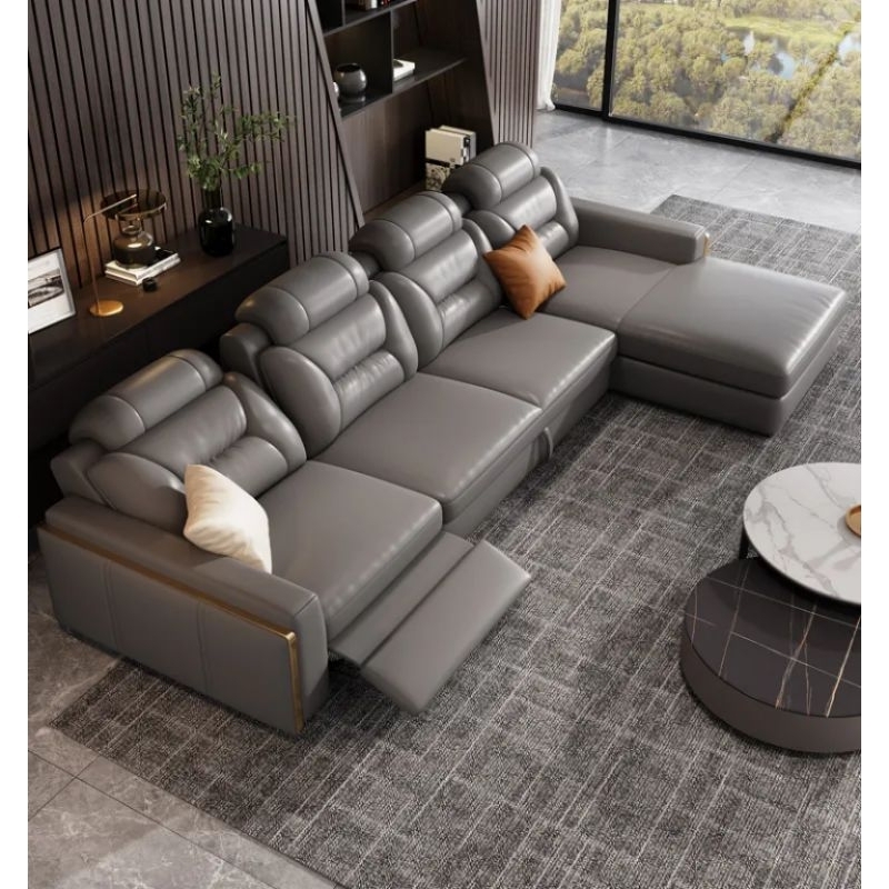 sofa bed kulit premium L shape dengan Recliner dan multifungsi