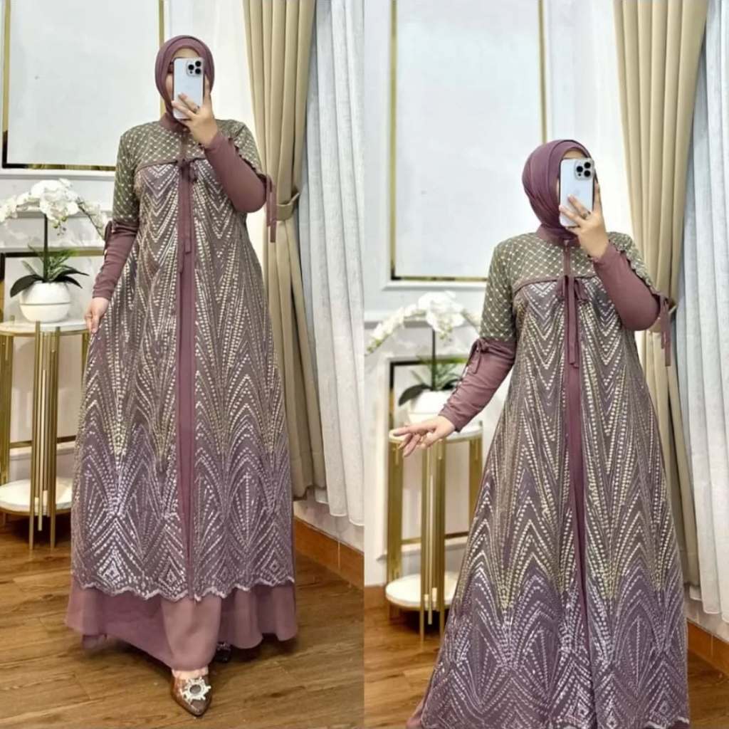Gamis Brokat Premium Raisa Dress BL Bahan Ceruty Baby Doll Mix Brukat Baju Wanita Muslimah Terbaru M