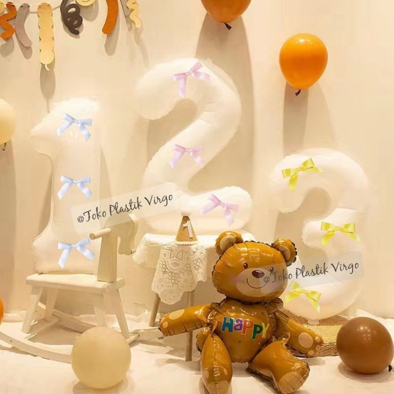 Paket Balon Foil Angka PUTIH + Pita Coquette Pink | Biru | Merah | Hitam | DLL.