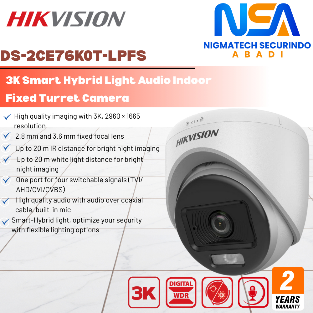 HIKVISION DS-2CE76K0T-LPFS 3K Smart Hybrid Light Audio Indoor Fixed Turret Camera