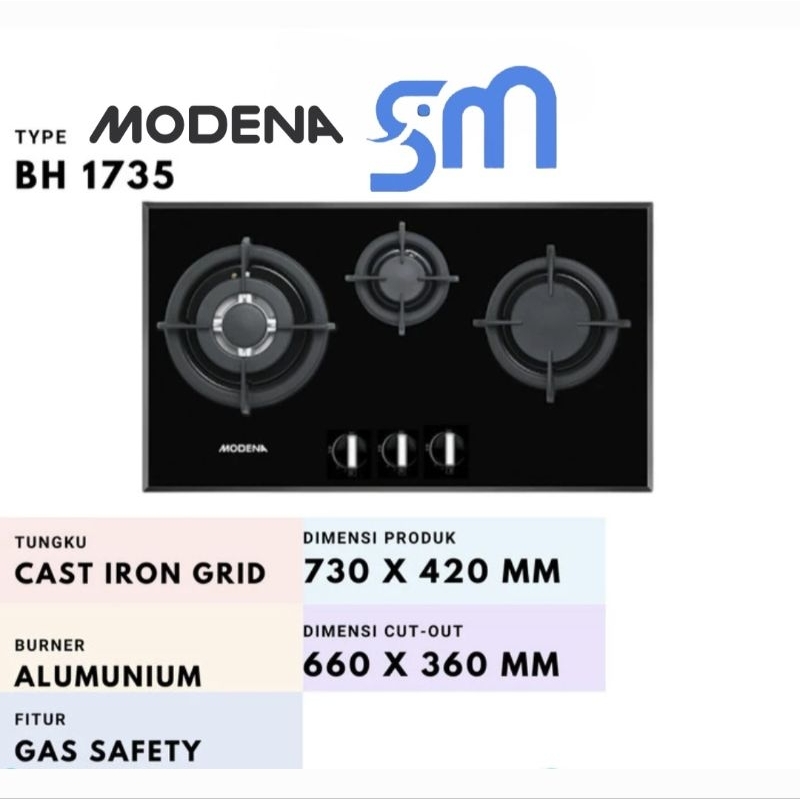 Kompor Gas Tanam Modena BH 1735 3 Tungku HOB BH1735