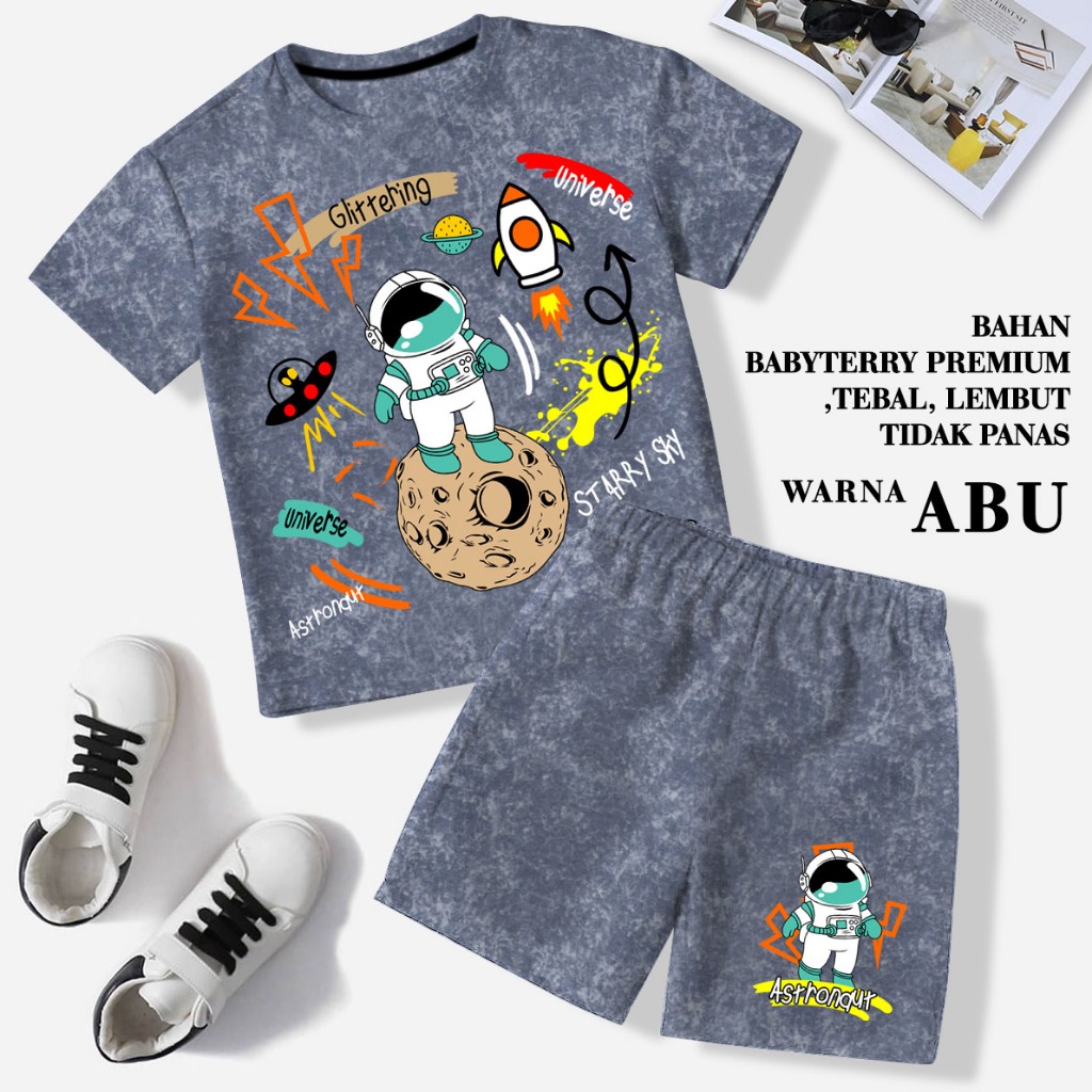 setelan anak anak motif astronaut baju lengan pendek bahan babyterry