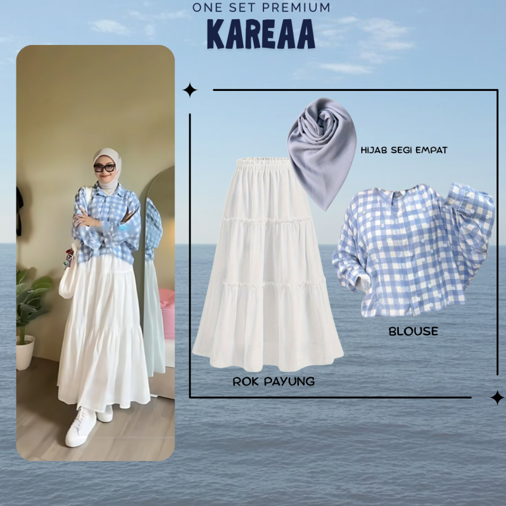 Kareaa One Set 3 in 1 OOTD Kuliah Jalan Pantai Ngafe Gaya Selebgram Model Korean Terbaru ( Hijab - B