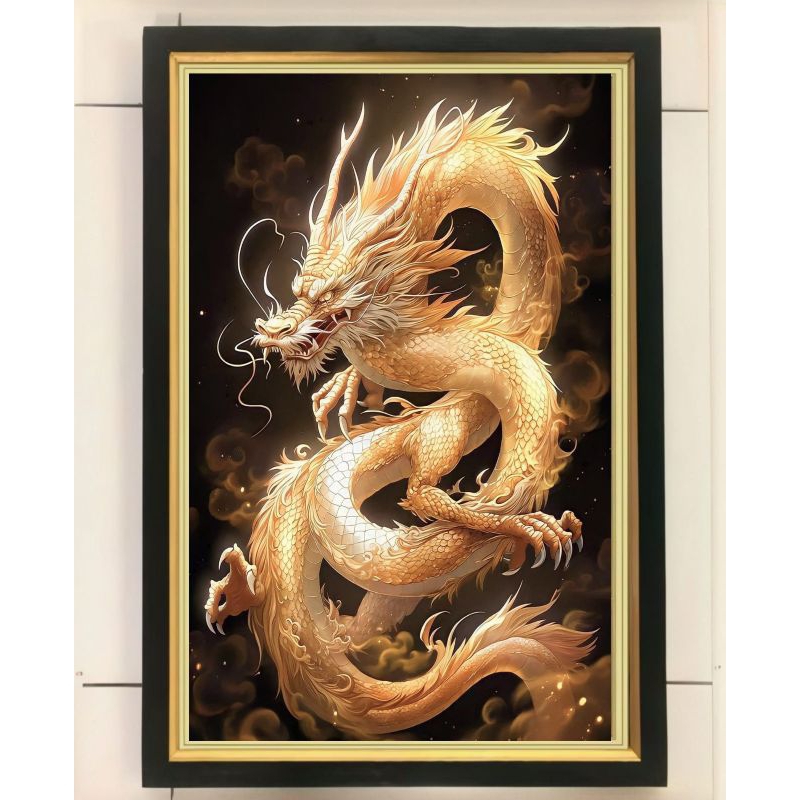 hiasan dinding lukisan cetak naga emas plus bingkai ukuran 65×45