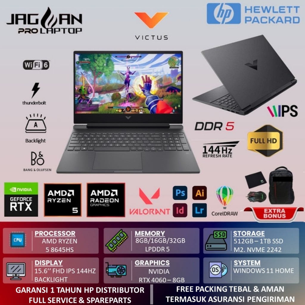 Laptop Gaming HP VICTUS 15 Ryzen 5 8645HS RAM 32GB DDR5 1TB SSD RTX4050-4GB 15.6 Inch FHD IPS