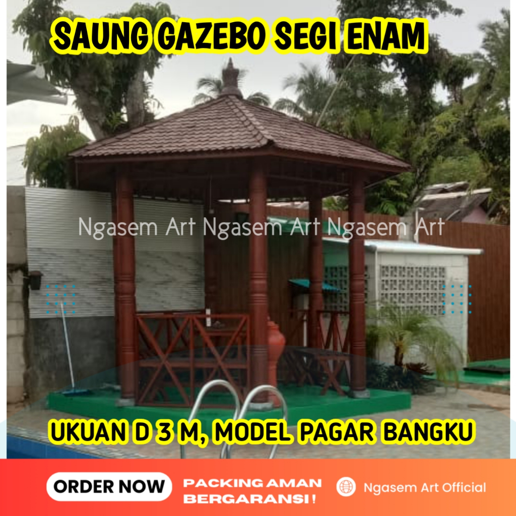 GASEBO SEGI ENAM MEJA KURSI PAYUNG TiANG BRUBUTAN UKURAN DIAMETER 3 M