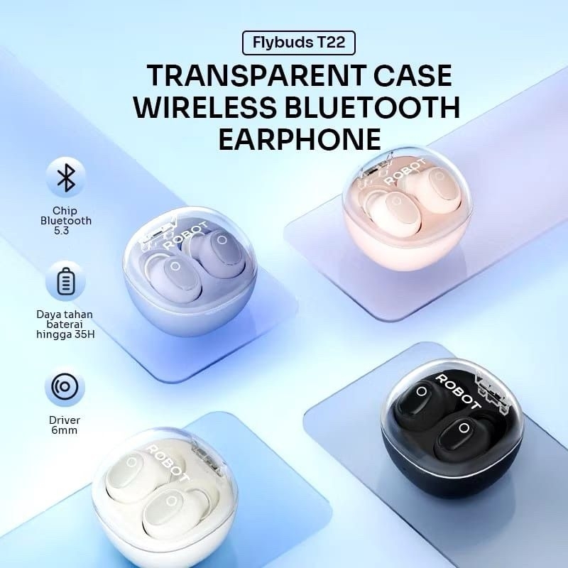 ROBOT PLYBUDS T22 TWS Bluetooth 5.3 Earbuds Casing Transparan Tahan Air Pemakaian 36 Jam - Garansi 1