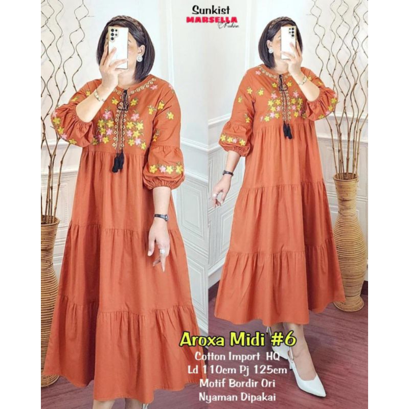 MIDI DRESS WANITA MOTIF BORDIR ETNIK KATUN LINEN CRINKLE LD.110 - AROXA / MAULA / MARSELLA