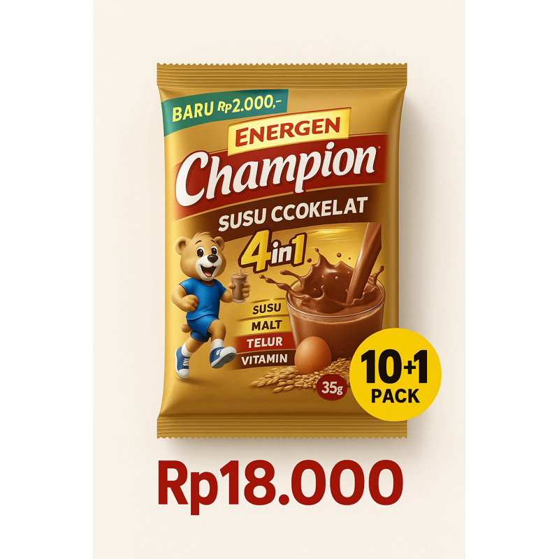 

Champion by Energen Cokelat 4in1 - 10+1 Sachet | Susu Sehat Anak Aktif | HANYA Rp18.000!