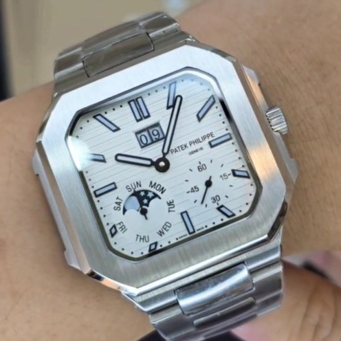 JAM TANGAN PATEK PHILIPE CUBITUS MOONPHASE AUTOMATIC 45MM WHITE DIAL STELL STRAP