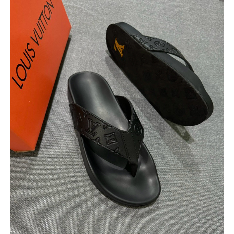 sandal slip on premium MIROR KARET 12 JEPIT HITAM POLOS