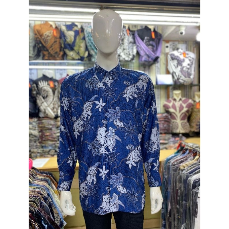 PANTJA BATIK SERAT JACQUARD MOTIF TANAMAN,Biru Elektrik#12121 KemejaBatikPremium Pria Lengan Panjang