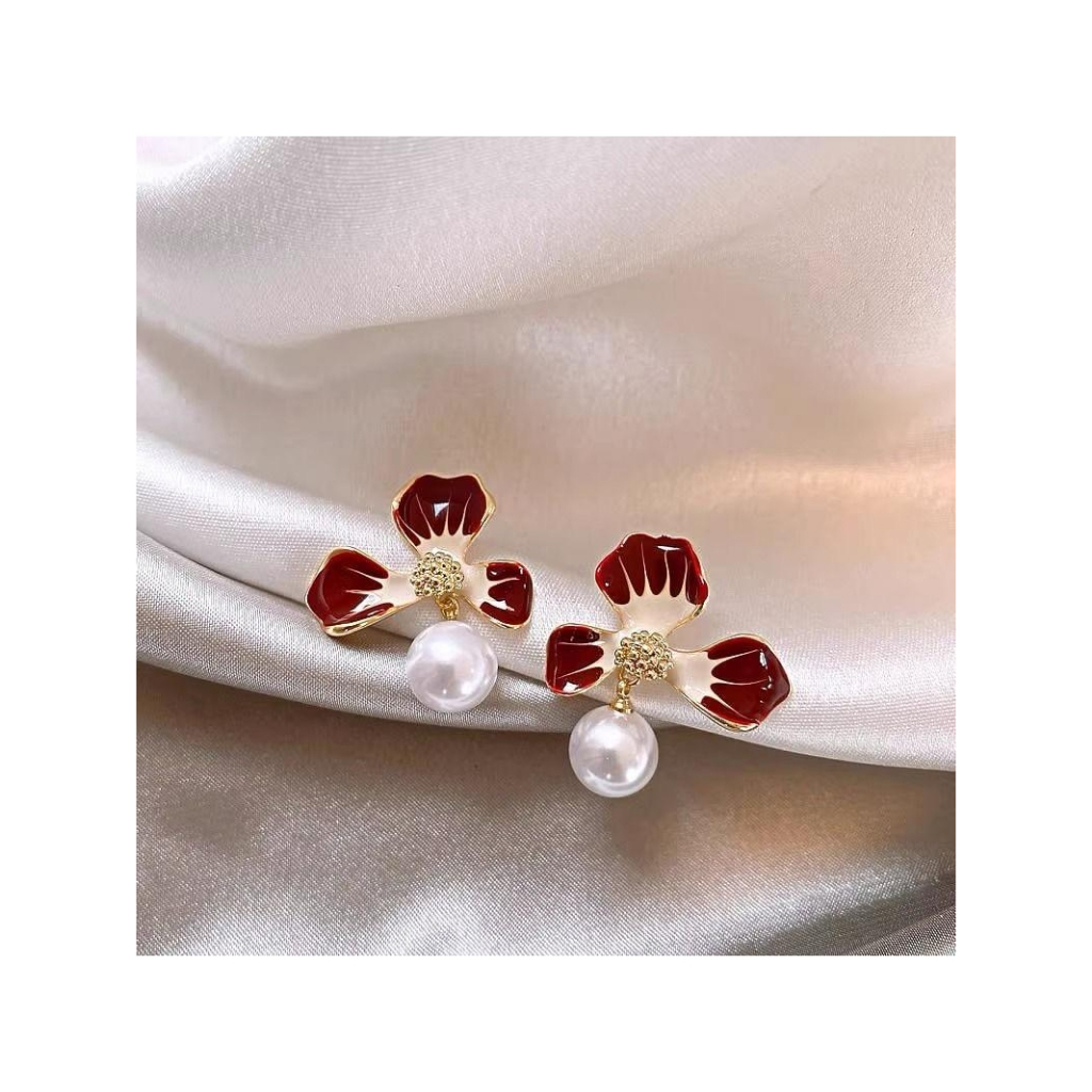 Anting Tusuk Elegant Anting Pearl Bunga Merah Anting Pesta Anting Hijab Pesta