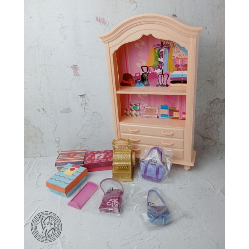 Paket Lemari barbie boneka MyScene+3 tas baru, shoeboxes,kasir,tray