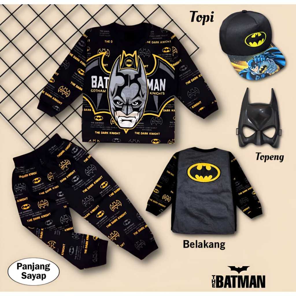 SETELAN BAJU KAOS ANAK LAKI LAKI / PEREMPUAN BATMAN LENGAN PANJANG/ BAJU ANAK BATMAN LENGAN PANJANG 