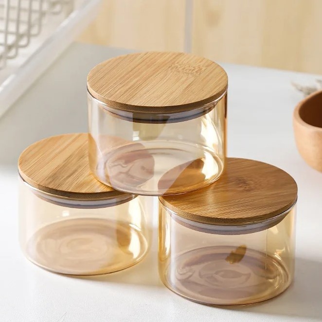 Toples Kaca Aesthetic 310ml / Toples Kaca Tutup Kayu / Toples Makanan Ringan Tutup Kayu Toples Bumbu