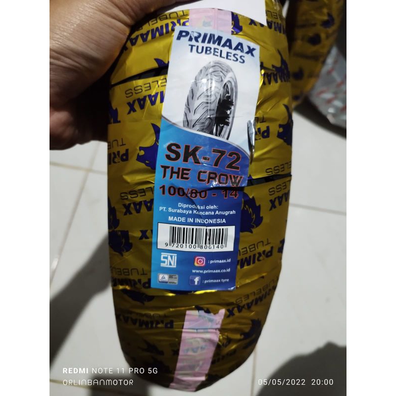 BAN PRIMAX SK72 100/80-14 TUBLES/BAN DEPAN VARIO160/BAN LUAR DEPAN PCX150/BAN BELAKANG NEW VARIO125