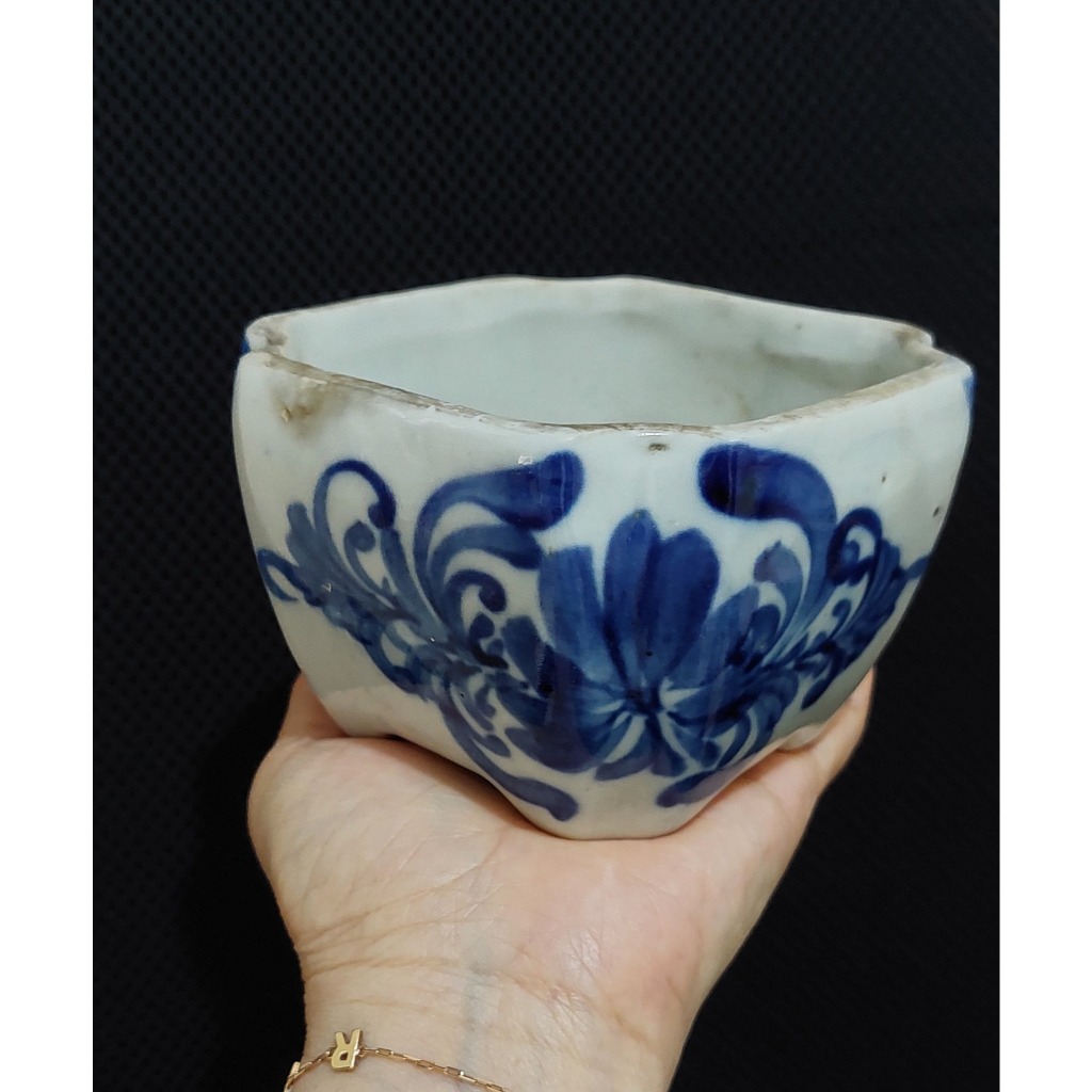 pajangan pot bonsai keramik china lawas motif putih biru