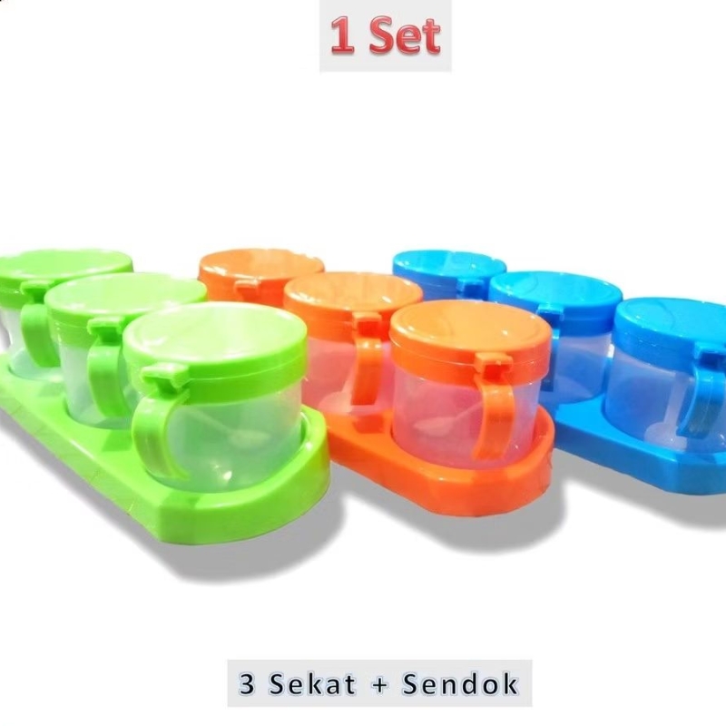 Rak Wadah Bumbu Dapur VITA ANGGREK Bulat Set 3 Sekat Serbaguna dengan Sendok Plastik - Garam Gula Ko