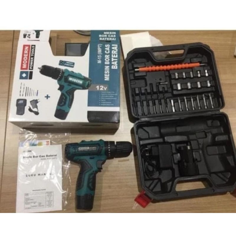 MODERN Mesin Bor Baterai M15 Set Impact-Bor Cordless