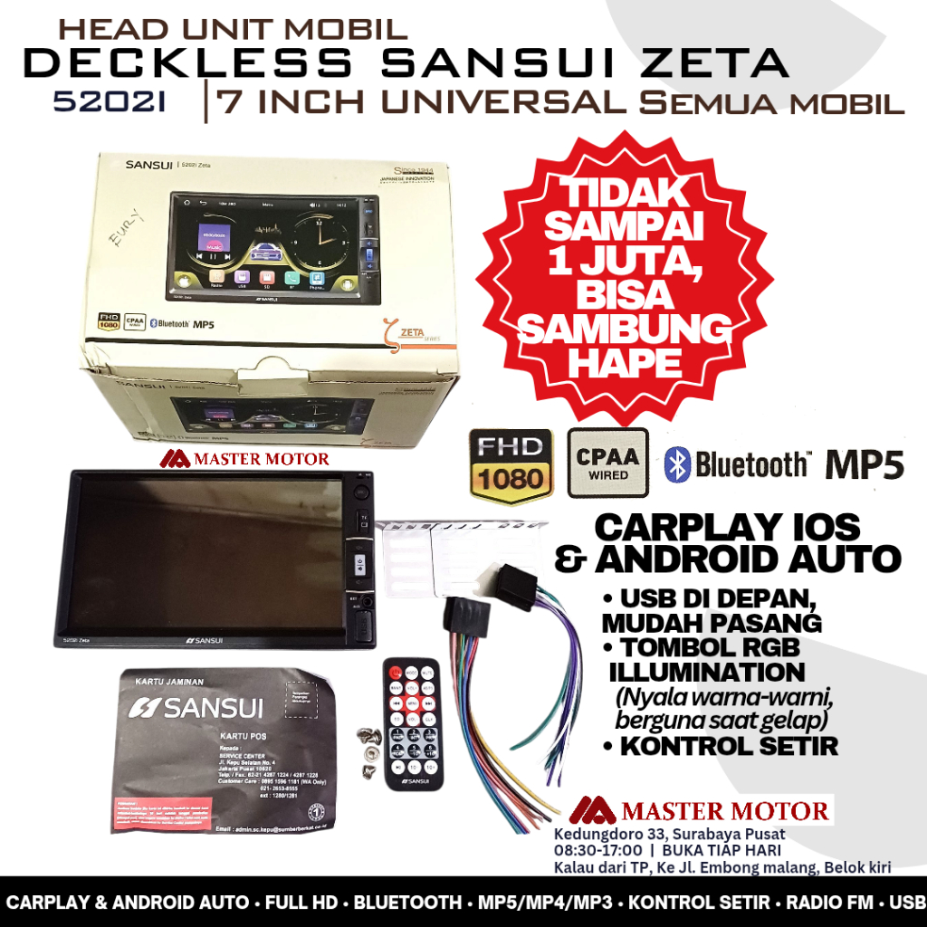 HEAD UNIT DECKLESS SANSUI 7 inch ZETA 5202i Carplay Apple iOS Android Tape Mobil Headunit Doubledin 