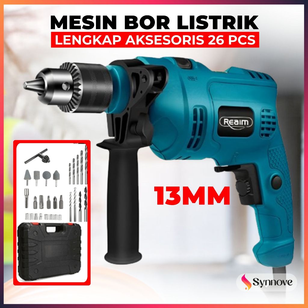 Mesin Bor Listrik Set Lengkap Bor 13mm Bolak Balk Impact Drill Beton Bor Tembok Kayu Dan Besi