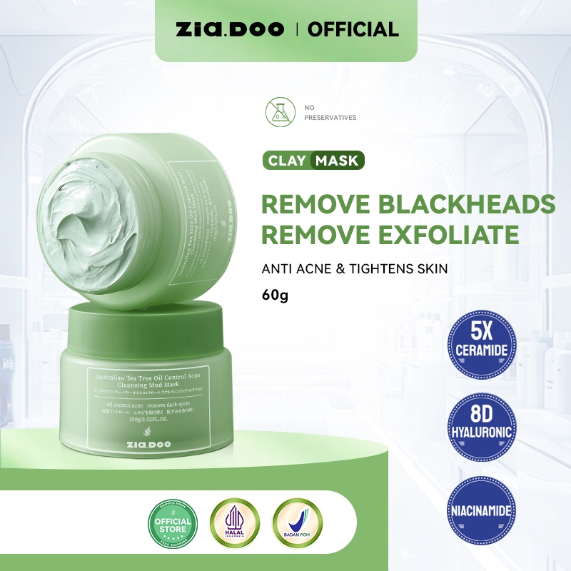 ZIA.DOO Australian Tea Tree Oil Clay Mask 100ml Masker Jerawat Komedo Kontrol Minyak Eksfoliasi BPOM