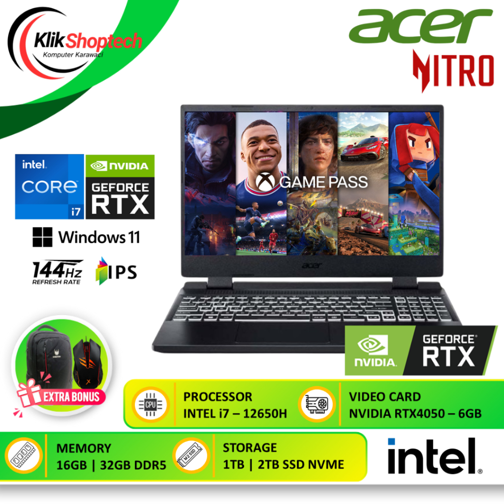 Acer Nitro 5 AN515 RTX4050 6GB i7 12650H 64GB 1TB SSD Windows 11 FHD IPS 144Hz