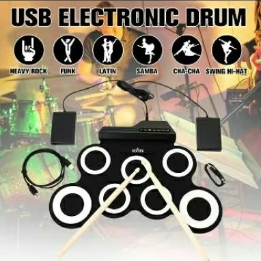 Rixton Drum Elektronik Portable Digutal USB 7 Bantalan Roll up Drum Set Silicone Electronic Drum Pad