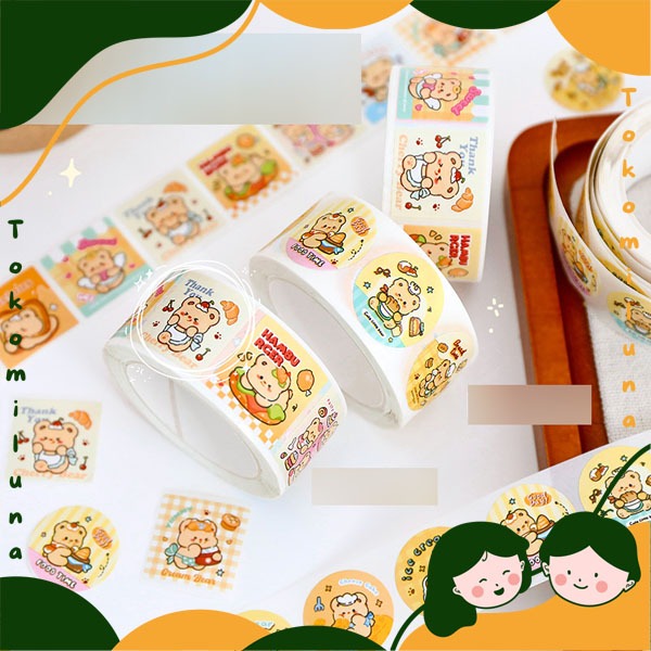 

1 roll isi 300 pcs sticker roll cream bear deco stiker beruang lucu cute stiker segel bulat HB1947