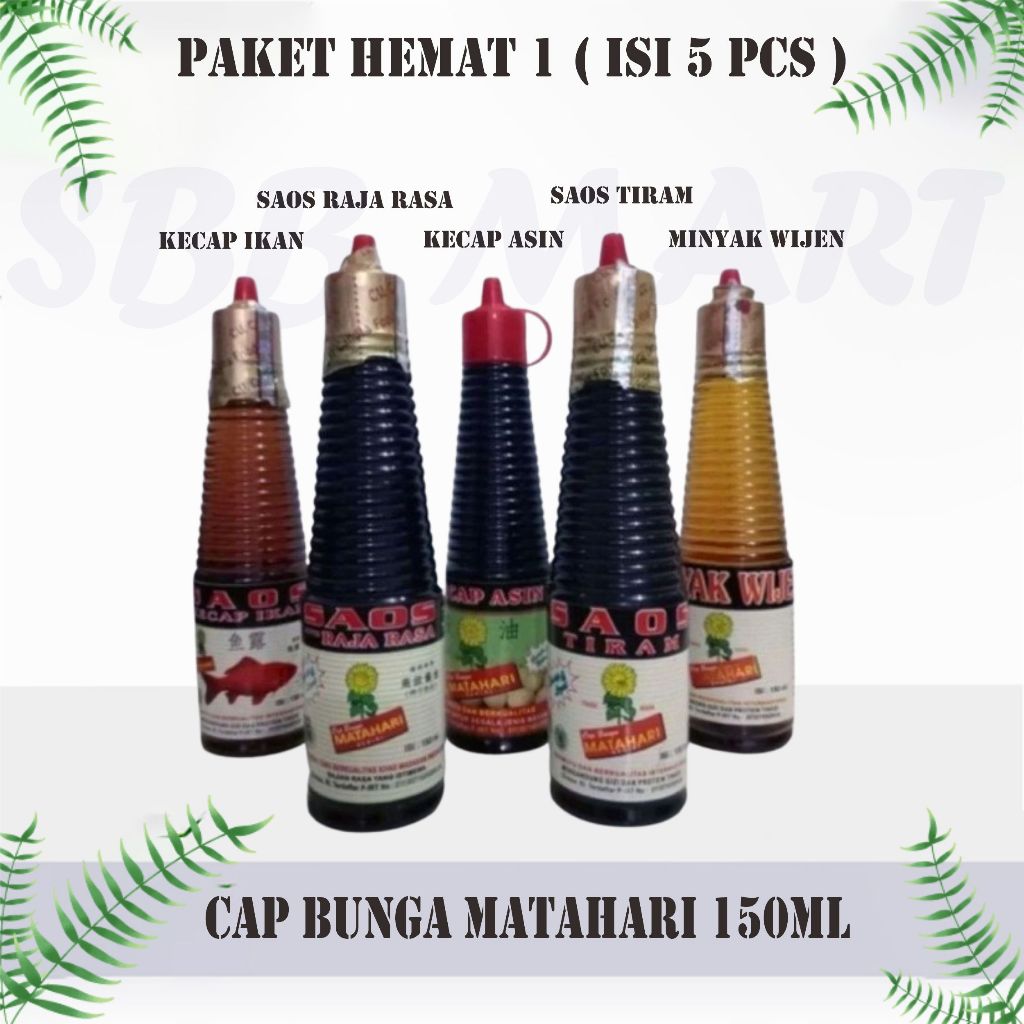 

PAKET HEMAT 1 ( ISI 5 PCS) Penyedap rasa Non MSG Cap Bunga Matahari HALAL | Minyak Wijen | Saos Rajarasa | Kecap Ikan | Saos Tiram | Kecap Asin Kemasan Botol Platis 135ML