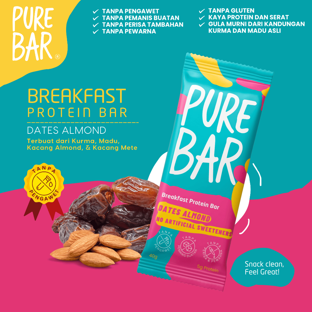 

HUXLEY Healthy PureBar Breakfast Protein Bar - Dates Almond Breakfast Protein Bar Kurma Sarapan Rasa Coklat Kacang Almond Mete Kurma Coklat Cemilan Sehat Gandum Halal Granola Tanpa Kolesterol-Gluten-Pengawet-Perisa-Pewarna-Sirup