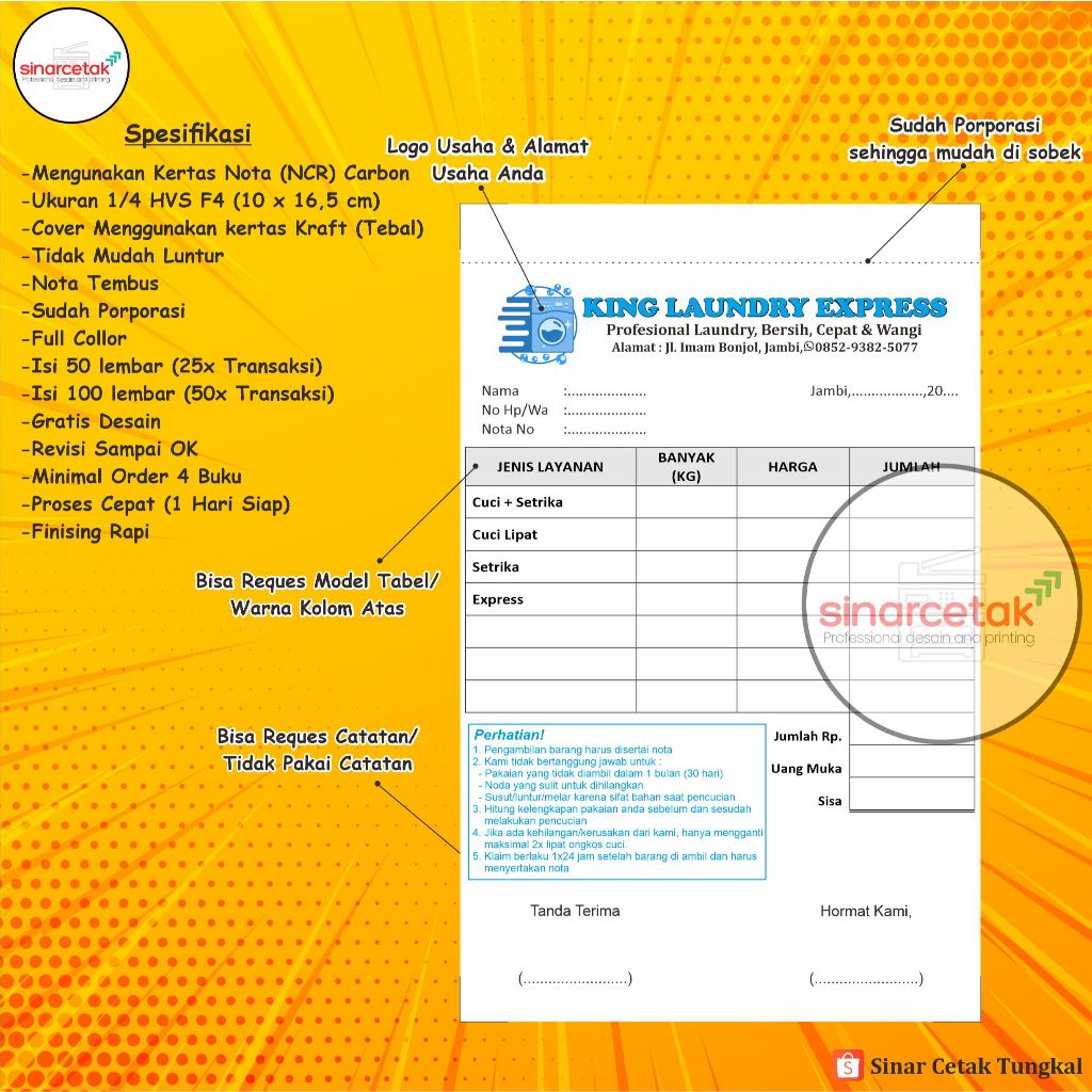 

PROMO NOTA CUSTOM/ NOTA LAUNDRY 1 PLY 2 PLY ISI 50/ 100 NOTA KONTAN/ NOTA TOKO/ NOTA OlLSHOP