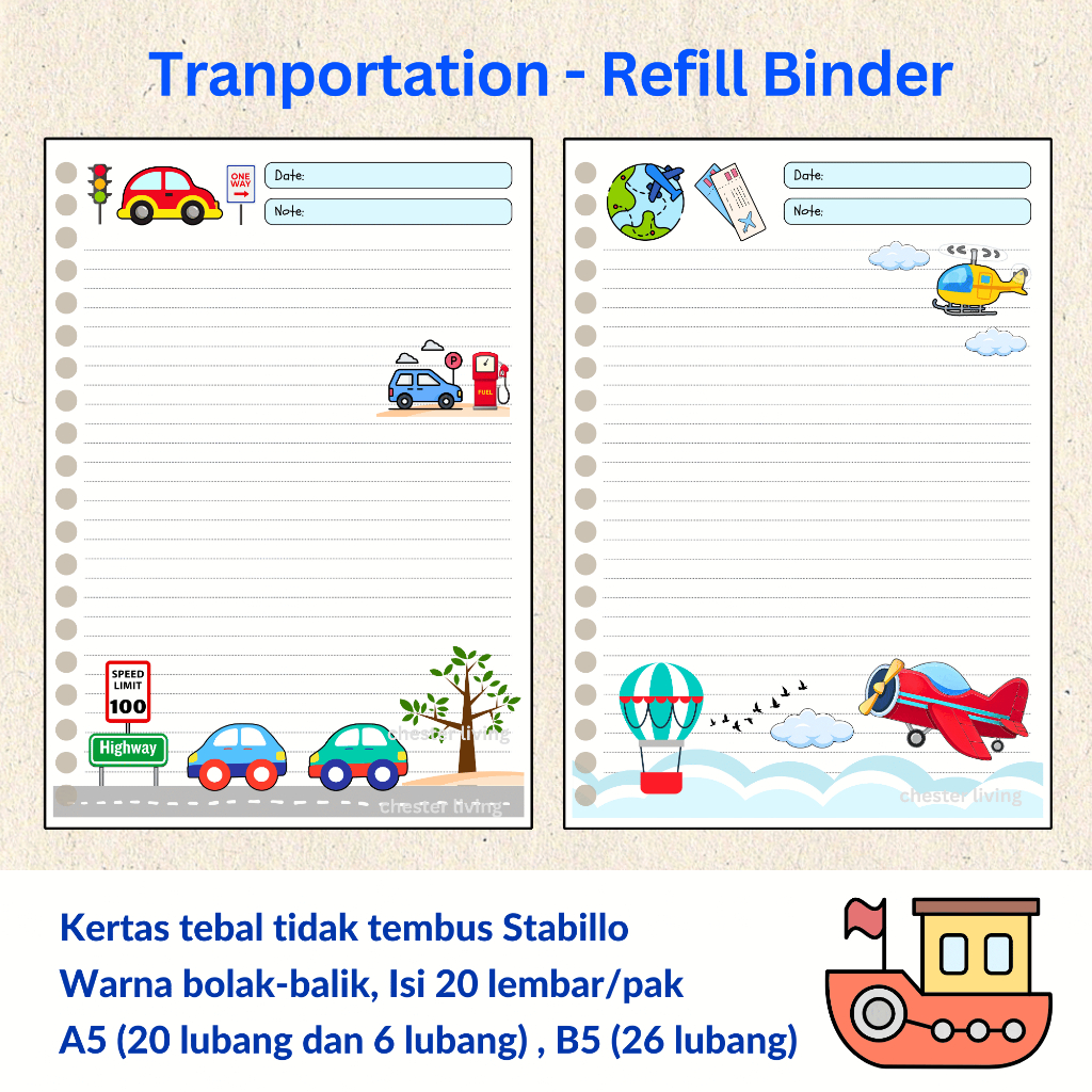 

Transportasi - Loose leaf A5 B5 | Isi Kertas File Refill Map Binder | Notes Notebook Memo Buku Tulis