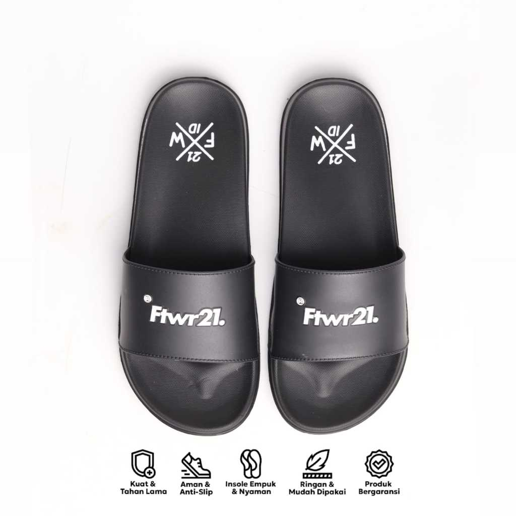 Ruthme.Ltd - Sandal Full Karet TPR Claude Black White | Sandal Pria Sendal Slop Slipper Anti Licin
