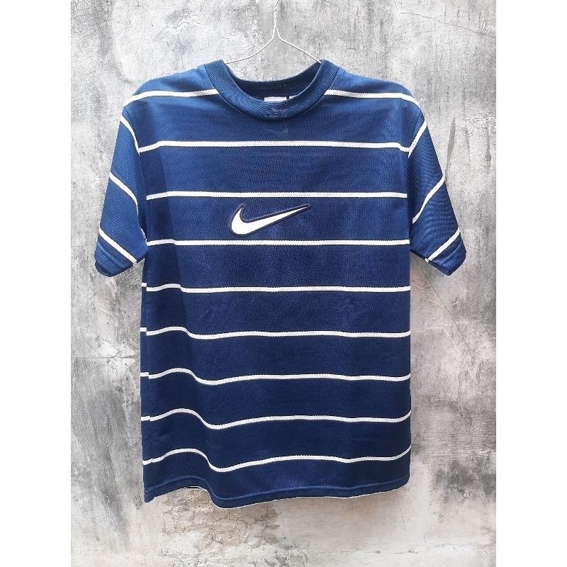 Baju Nike Stripe Big Swoosh Navy Vintage 90s Size M