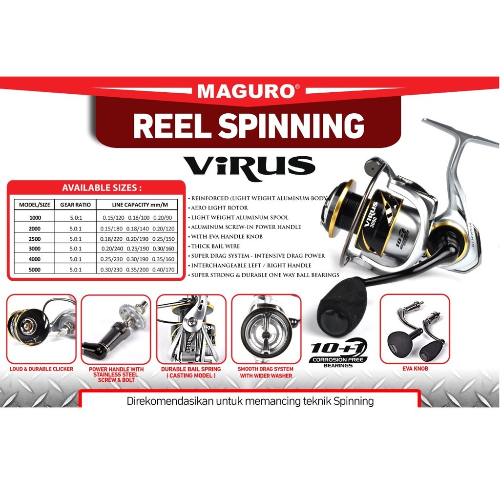 Maguro Virus Premium Reel Spinning 1000 5000 Aluminum Body 10+1BB